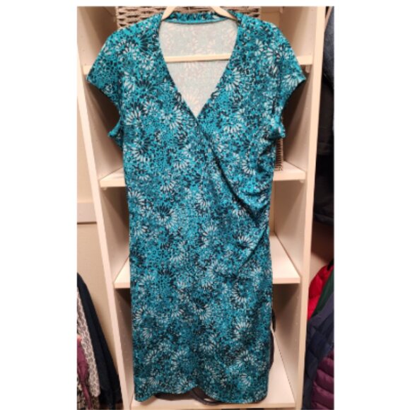 Athleta Dress | Blue Faux Wrap with Side Ruching | Size Large - Picture 1 of 4